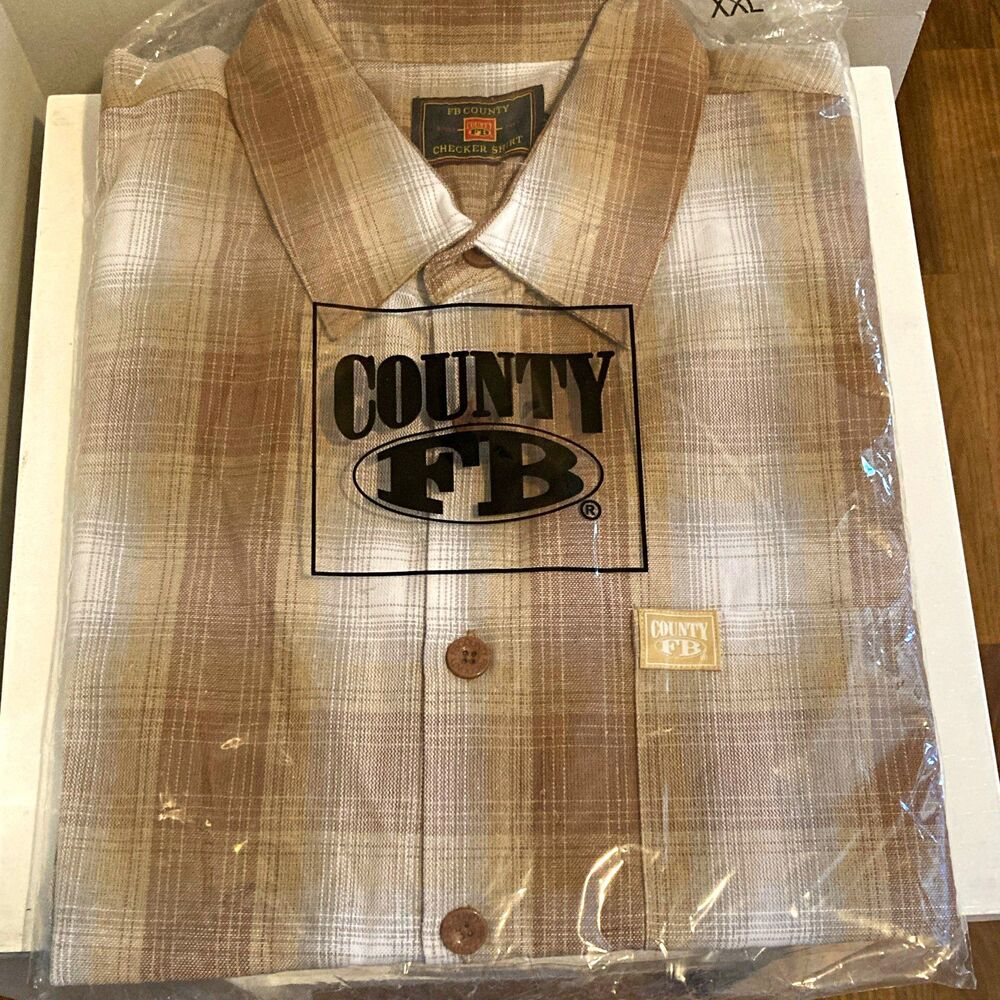 FB County Checker Shirt Mens 2XL Brown Beige Plaid Collared Button Up